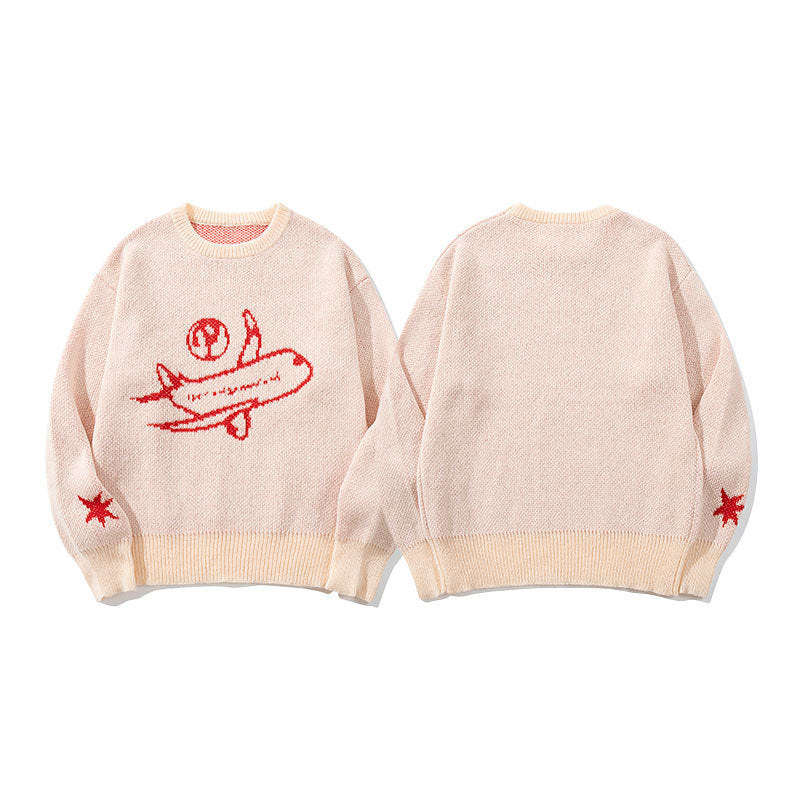 Loose Casual Sweater Harajuku Style Crew Neck Airplane Jacquard Knitwear