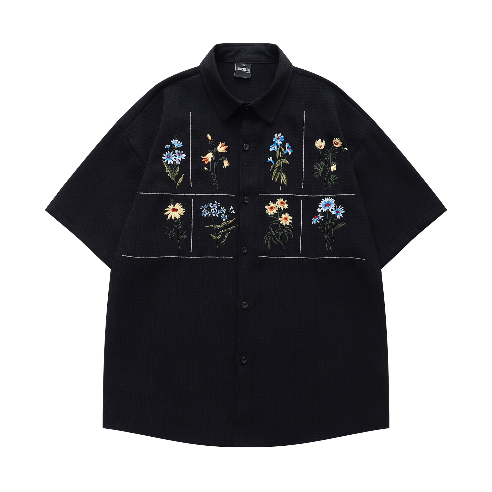 Floral Embroidery Waffle Short Sleeve Shirt