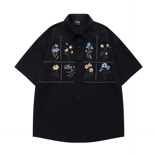 Floral Embroidery Waffle Short Sleeve Shirt