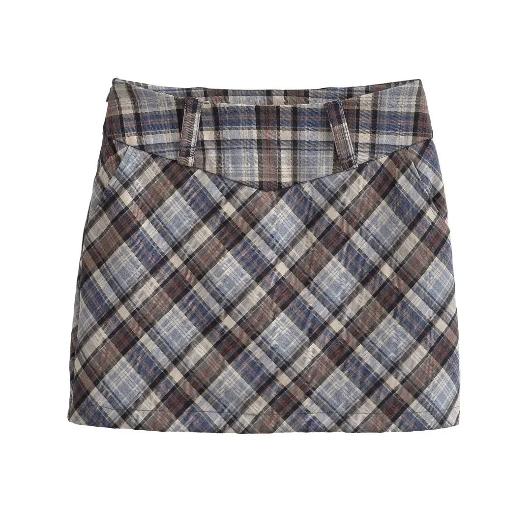 Plaid Mini A-line Skirt with High Elasticity in Sweet and Spicy Style