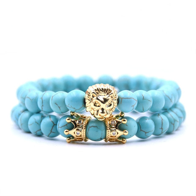 King Lion Couple Bracelet with Natural Stone Beads