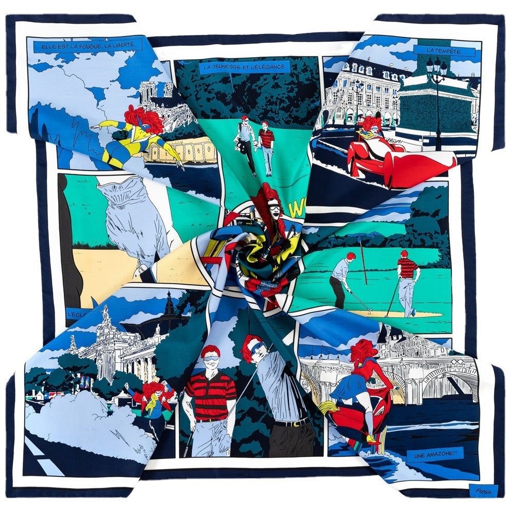 Twill Square Scarf with Sports Picture Print