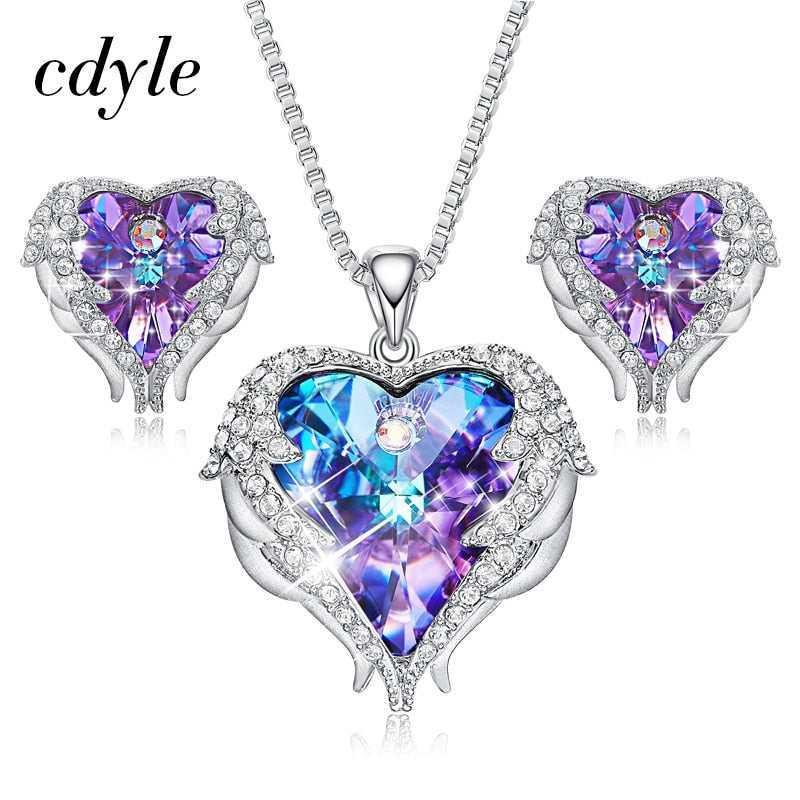 Swarovski Angel Wings Jewelry Set - Purple Blue Heart Pendant