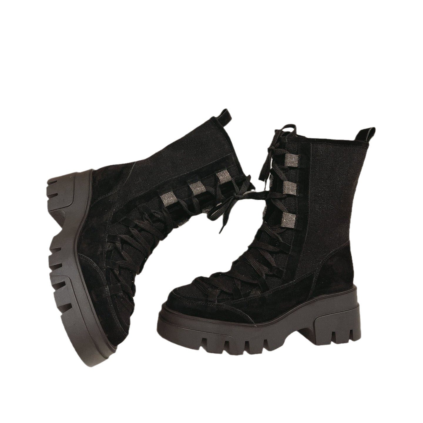 Classic Lace-Up Mid-Calf Boots for Women - Rubber Anti-Slip Suede Ankle Booties - Autumn Platform Fashion Boots - Women's Winter Boots