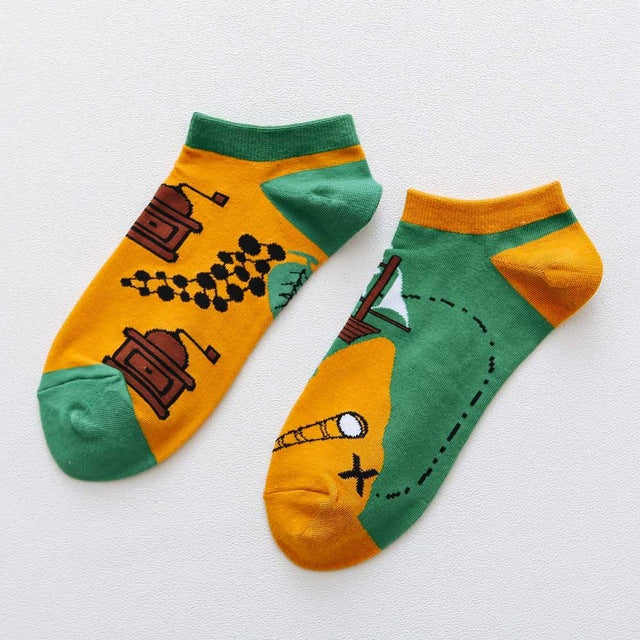 Playful Harajuku Men's Cotton Ankle Socks - Funny Animal & Fruit Designs