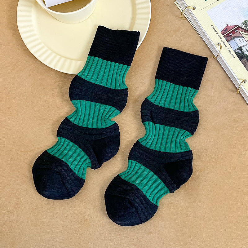 Harajuku Style Pleated Mid-Tube Socks - Contrast Color Cotton