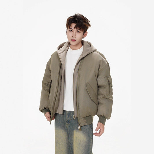 Faux Two-Piece Short Down Cotton Coat for Men - Bomber Hooded Flight Jacket
