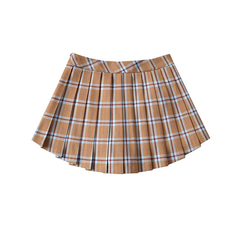 Color-Blocked Plaid Pleated Half-Length Skirt