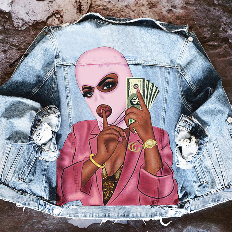 Harajuku Style Denim Jacket with Tongue Out Print