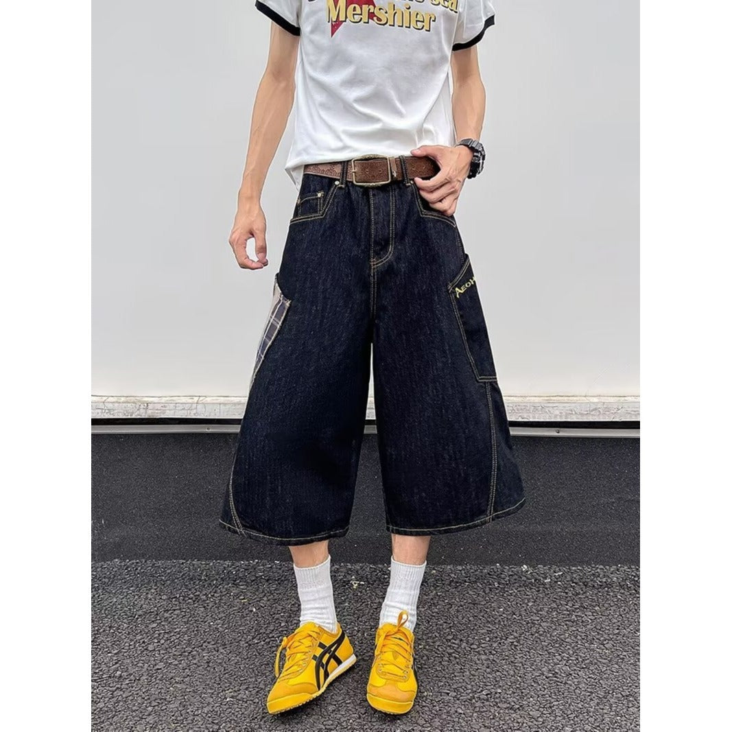 Retro Plaid Patchwork Denim Cropped Pants for Men