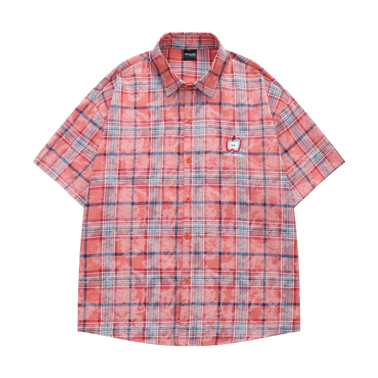 Red Checkered Apple Embroidery Short-Sleeved Shirt — Harajuku Style Japan