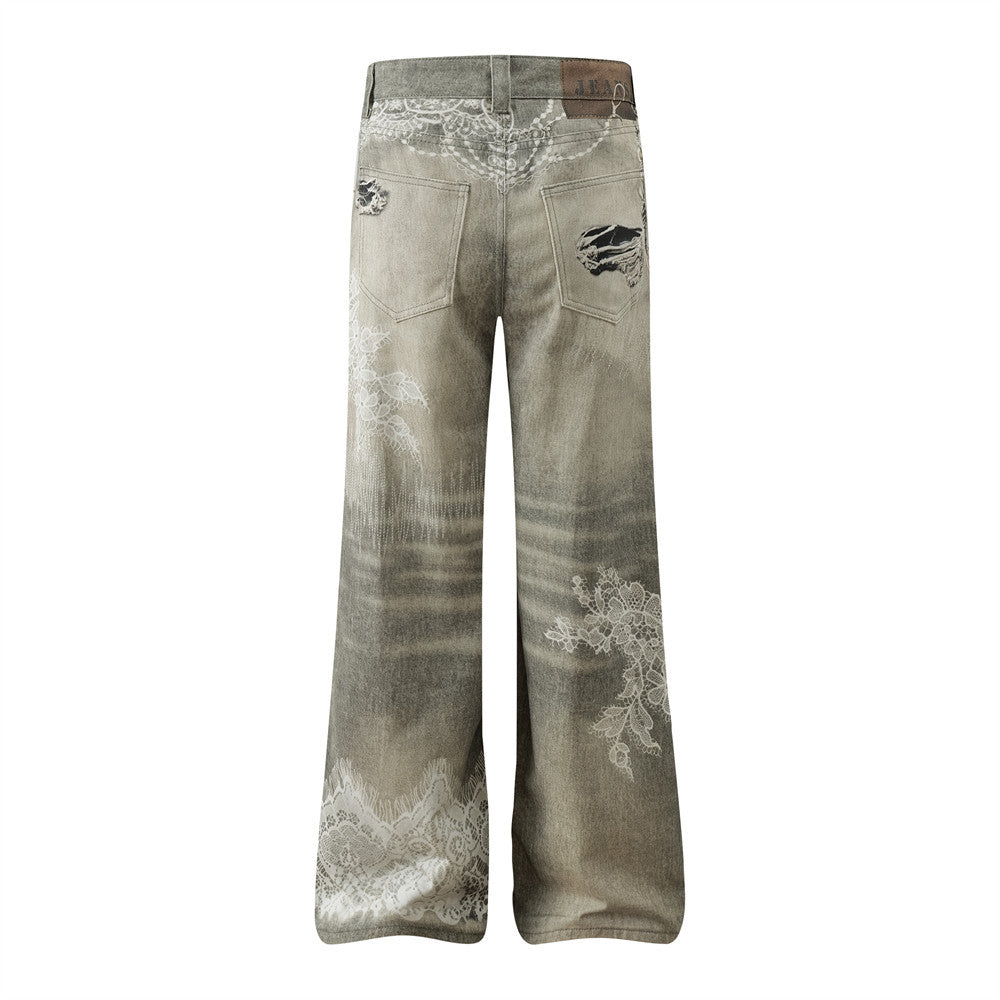 Retro 3D Digital Print Ripped Denim Pants for Men