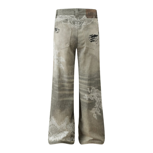 Retro 3D Digital Print Ripped Denim Pants for Men