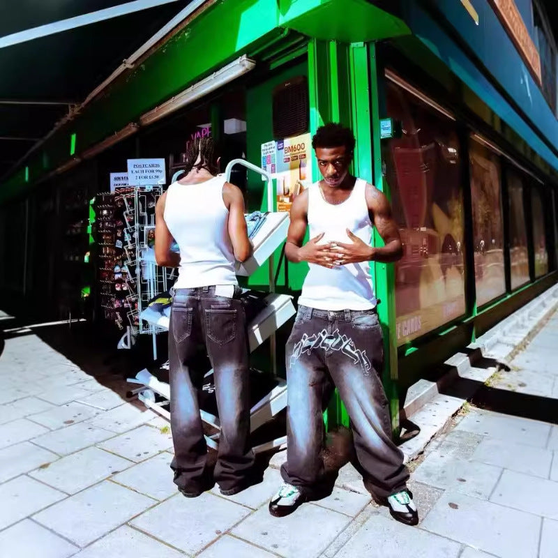 Playful Letter Printed Jeans for Men