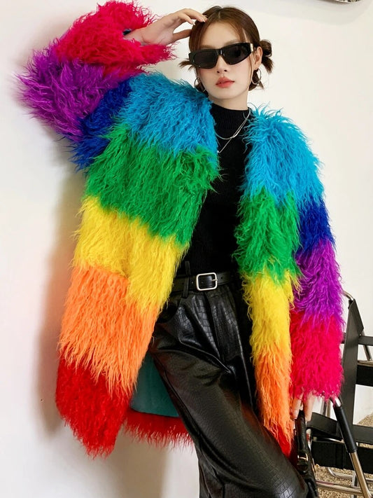 Niche Rainbow Faux Fur Coat - Harajuku Style Outerwear