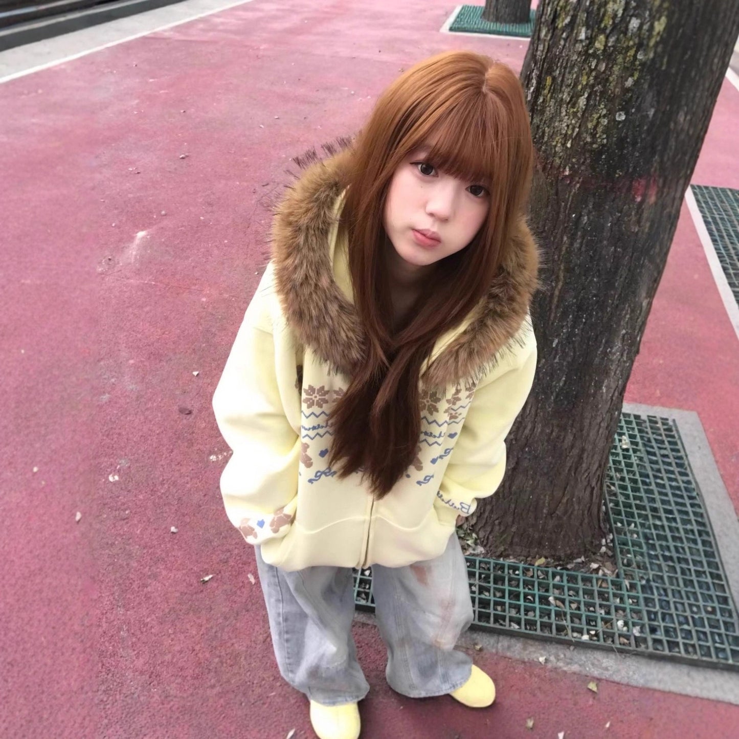 Vintage Fair Isle Faux Fur Collar Bear Hoodie