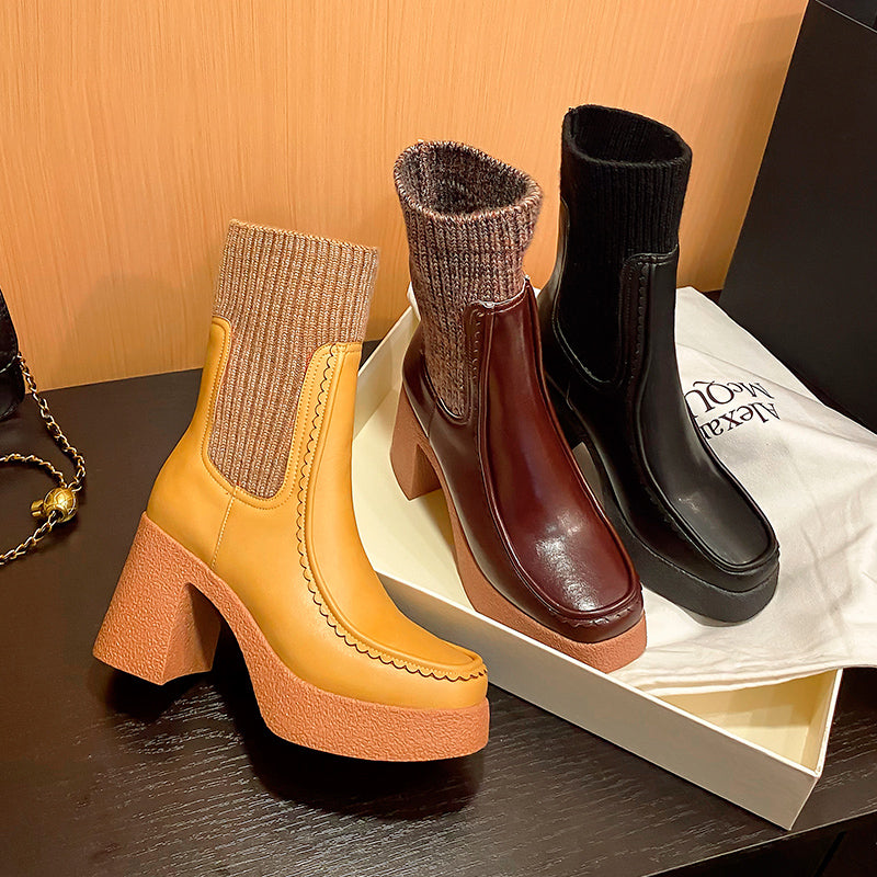 New Brand Genuine Leather Women's Chunky High Heels Platform Ankle Boots in Black and Brown for Dress or Casual Events, Size US9