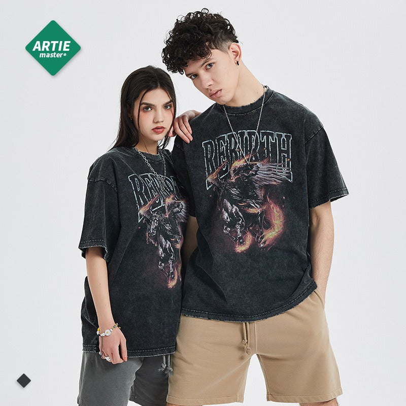 Firehorse Print Worn Out T-Shirt for Men - Harajuku Style