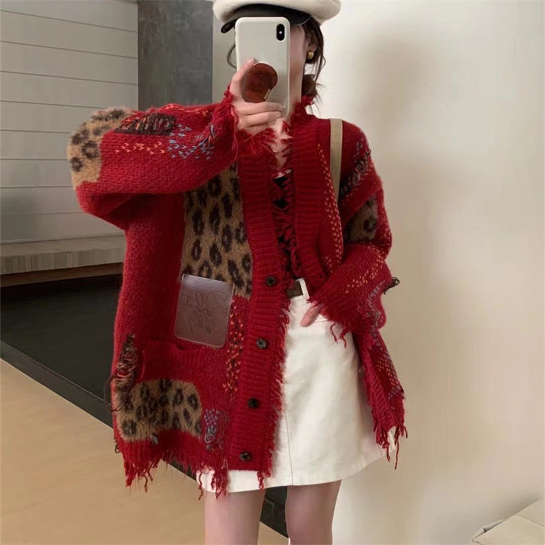 Retro Leopard Print Patchwork Cardigan Sweater