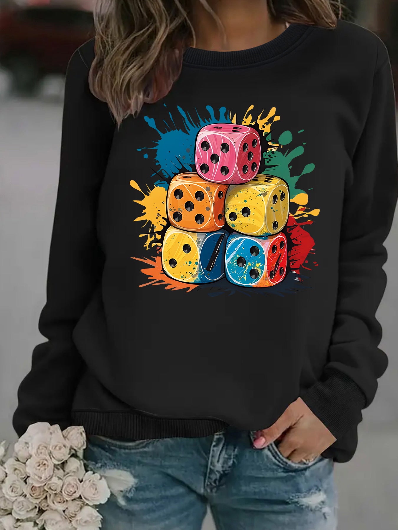 Splash Pattern Printed Stacking Block Hoodie with Round Neck