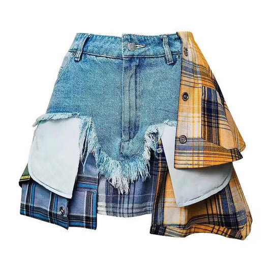 Harajuku Style Irregular Plaid Denim Skirt for Women