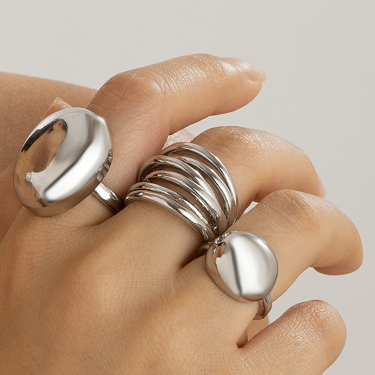 Geometric Metal Lava Line Ring Set - Harajuku Style