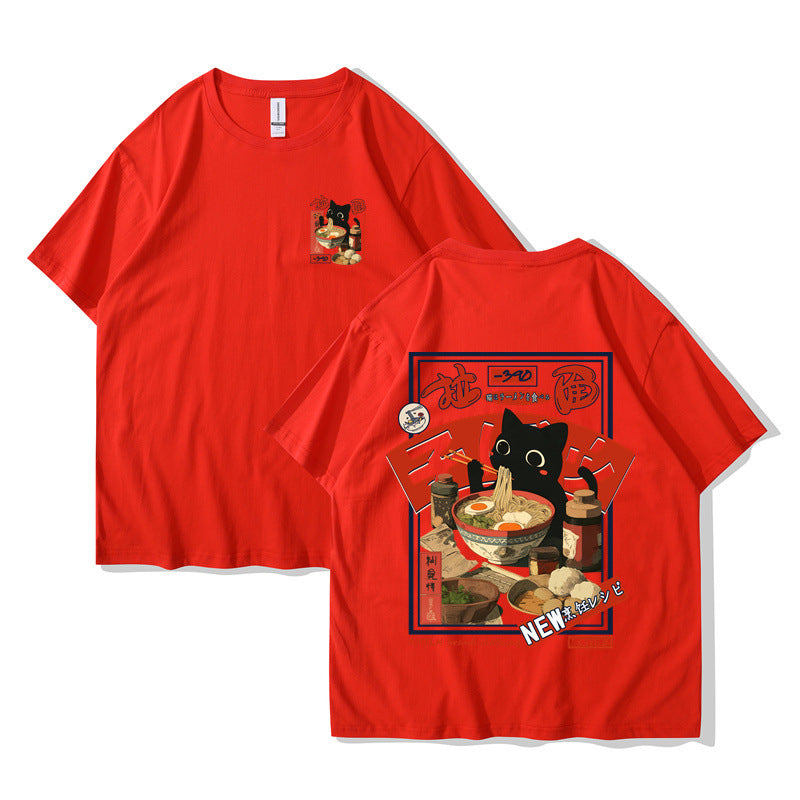 Harajuku Cat Cartoon Eating Noodles Graphic Unisex Casual Short Sleeve T-Shirt