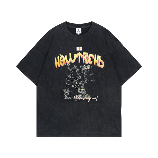 Retro Washed Vintage Tree Tee - Loose Fit Summer T-Shirt
