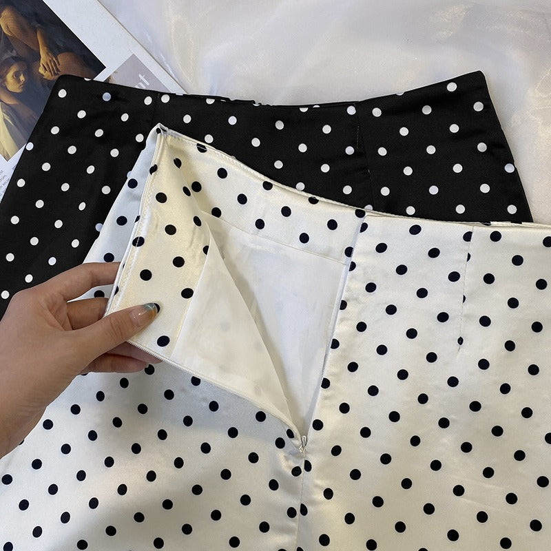Polka Dot Half-Length Skirt, Feminine, Small Stature, High Waist, A-line Skirt