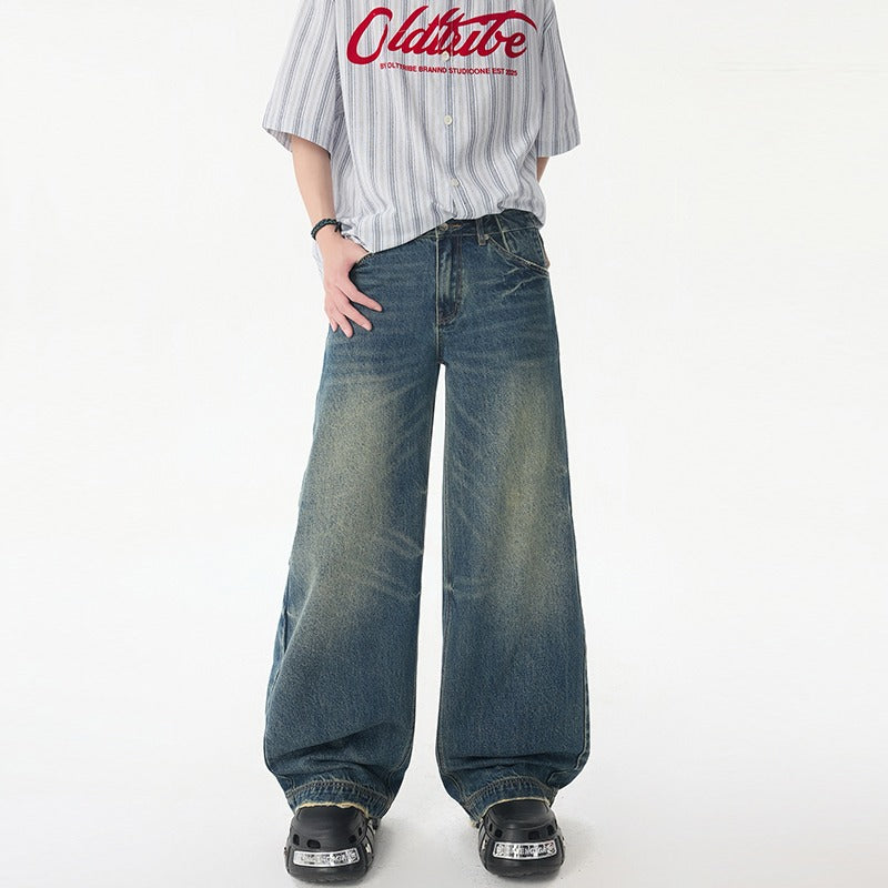 Vintage Blue Straight Leg Casual Jeans for Men