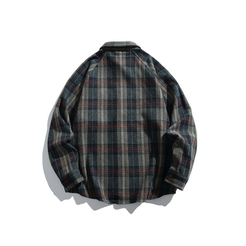 Color-Blocked Checkered Zipper Pocket Loose Long Sleeve Shirt