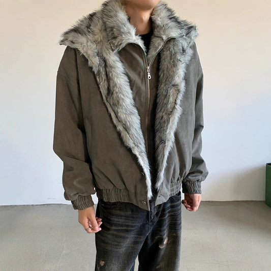 Wolf King Seat Mountain Eagle Cotton Coat Men's Winter Style Faux Two-Piece Double-Layer Fur Collar Cotton Jacket Lined Thick Short Outerwear