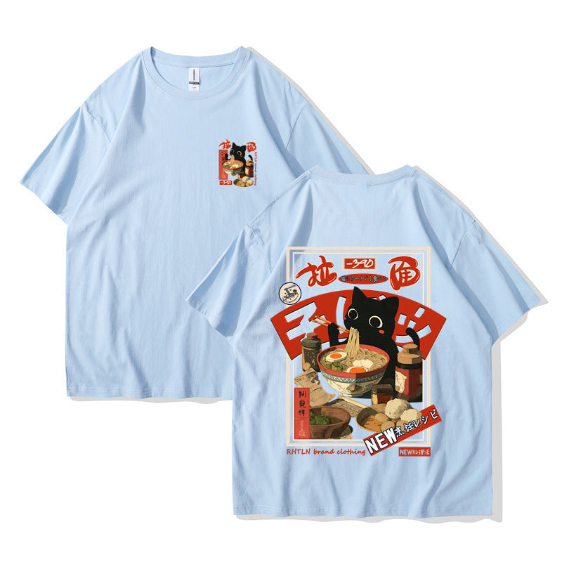 Harajuku Cat Cartoon Eating Noodles Graphic Unisex Casual Short Sleeve T-Shirt