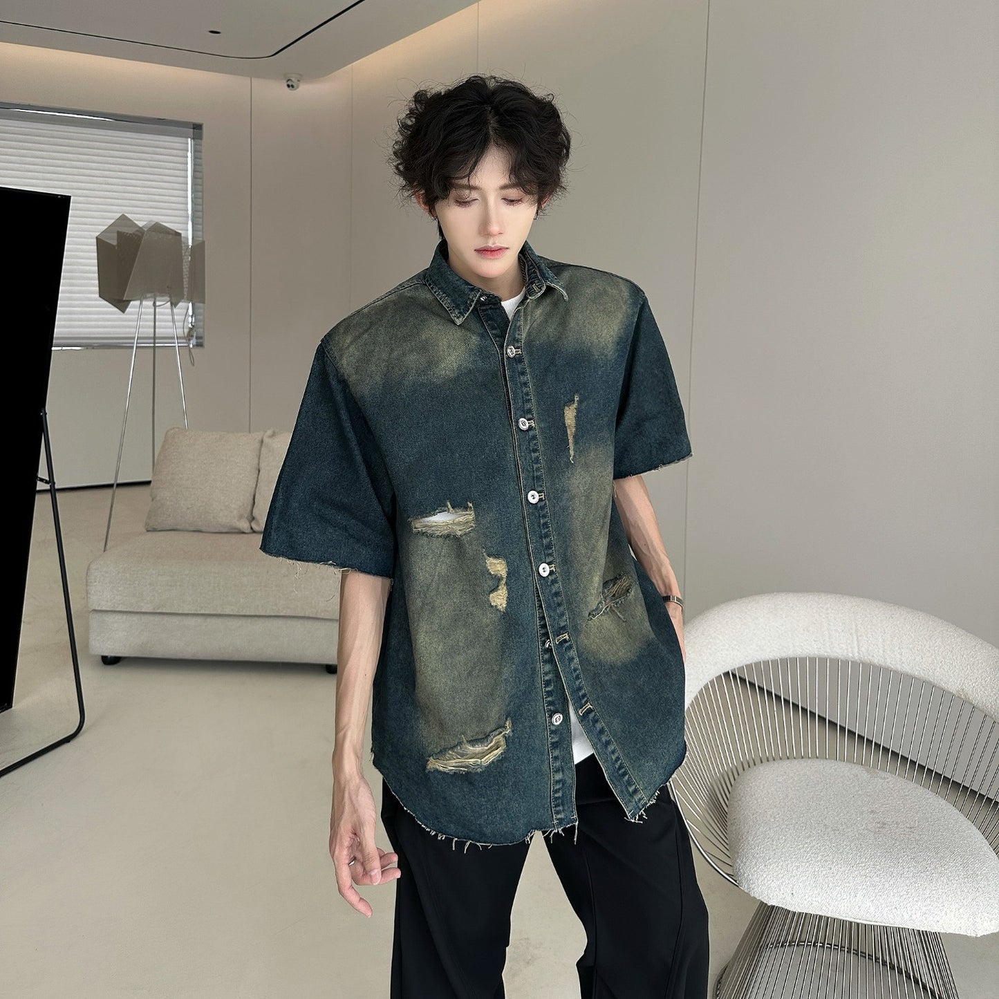 Ripped Denim Jacket - Short Sleeved with Shoulder Pads