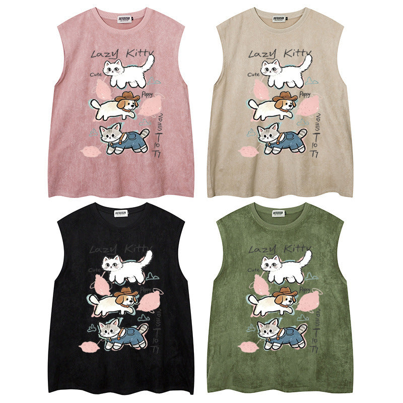 Stacked Cat & Dog Printed Vest — Harajuku Style Retro Deer Skin Velvet Vest