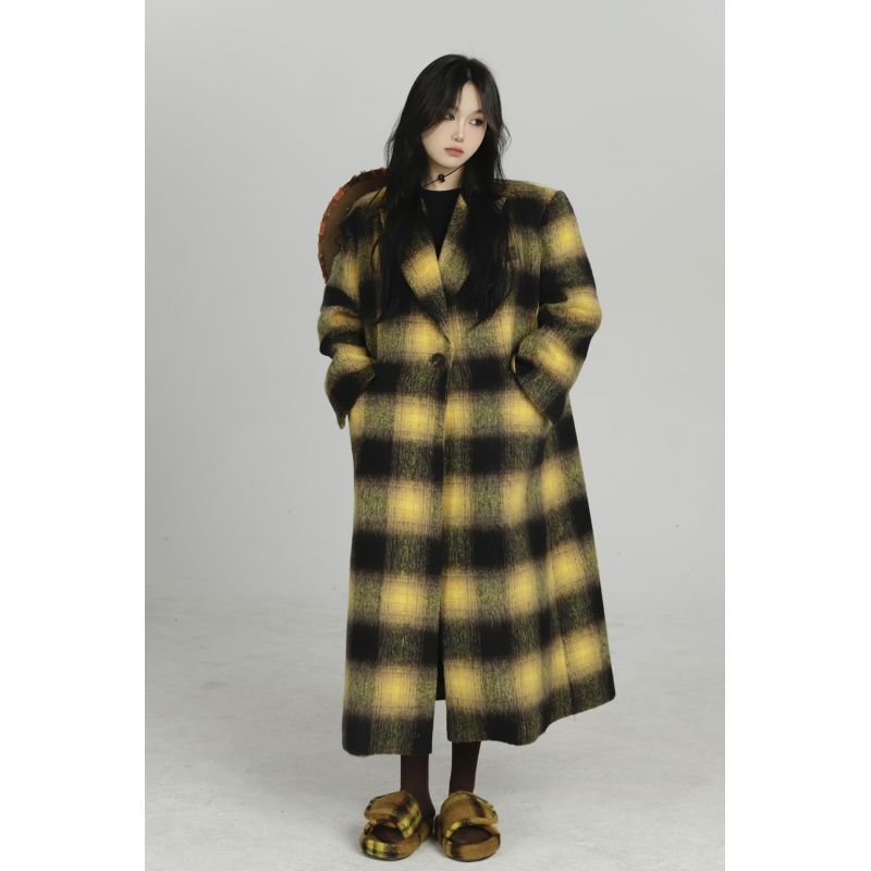 Chic Yellow Plaid Woolen Coat - Harajuku Style