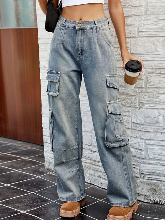 Washed Denim Jeans with Pockets - Harajuku Style