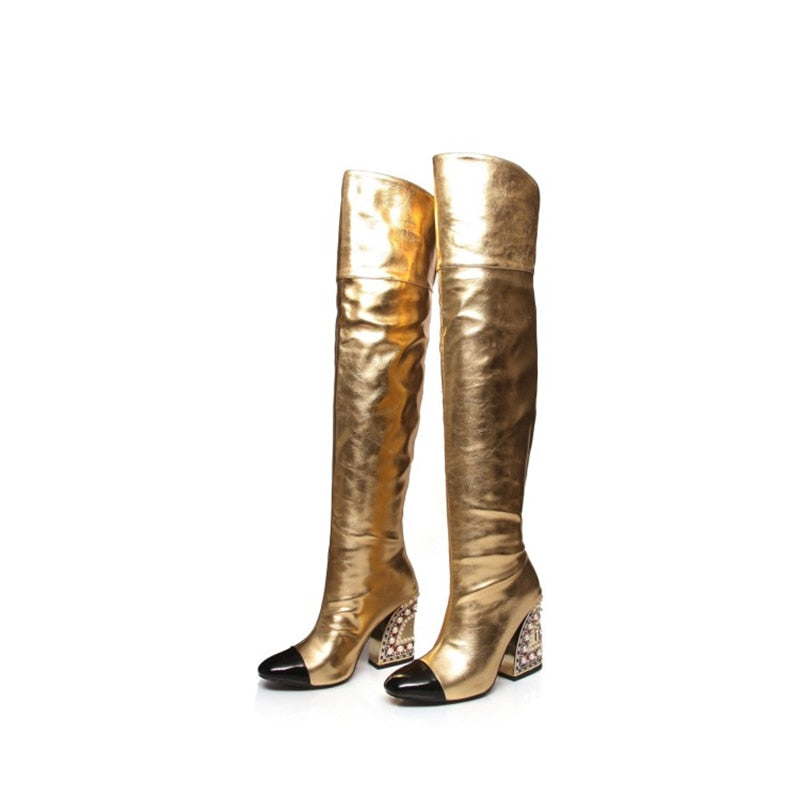 Fashionable Sexy Women's Pointed-Toe Over-The-Knee Boots with Pearl Pattern Shaped Heel - Large Size Party High Boots