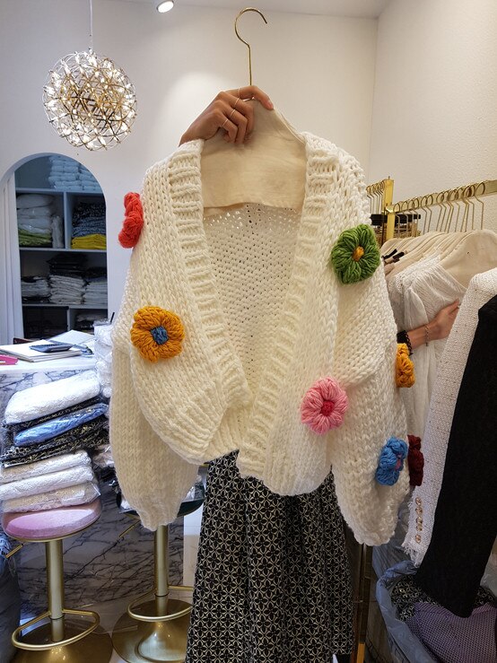 Long Sleeve Mesh Cardigan with Sweet Flower 3D Design - Cute Floral Sweater Jacket for Women