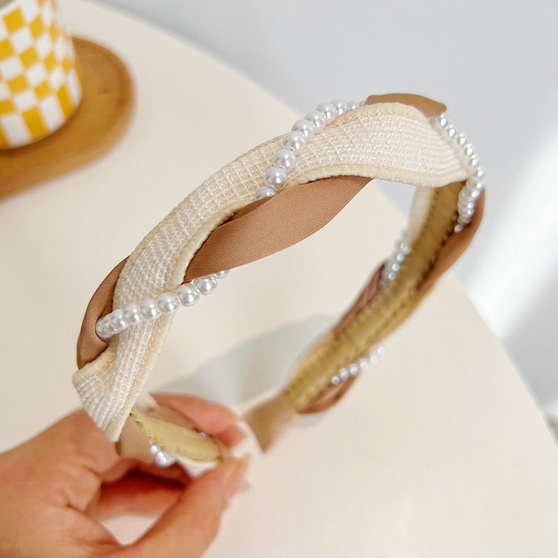 Senior Knitting Cross Twist Pearl High Skull Top Headband