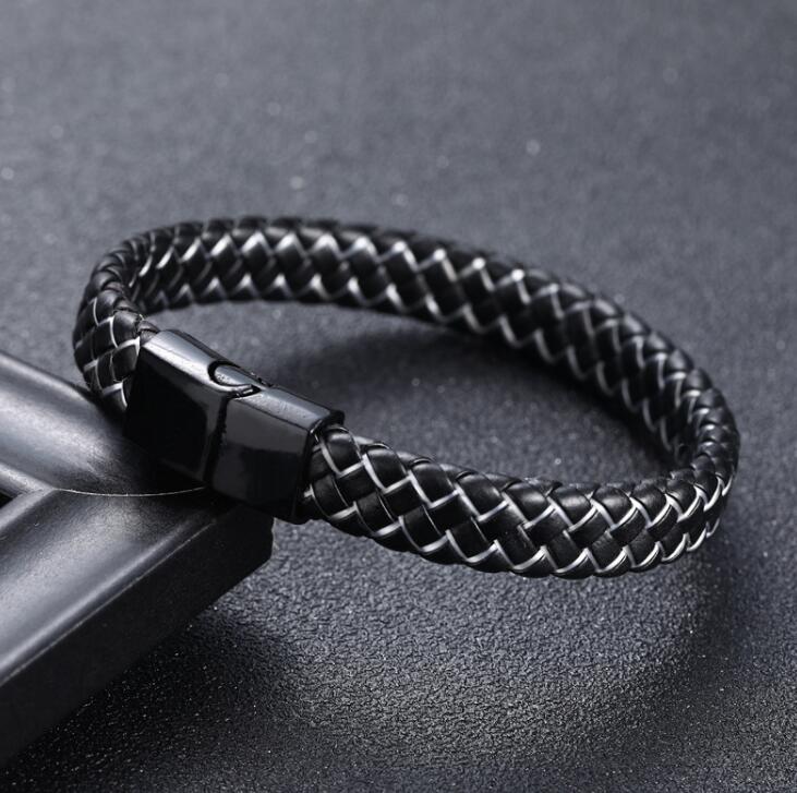 Harajuku Style Braided Black Blue Leather Bracelet for Men