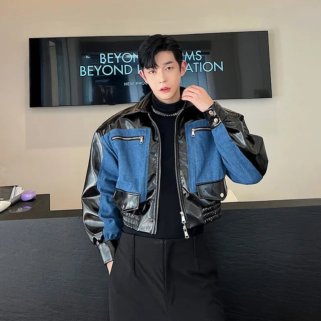 Korean Style Denim Patchwork Short Jacket for Men