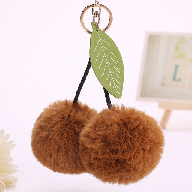 Faux Rabbit Fur Ball Pompom Cherry Keychain