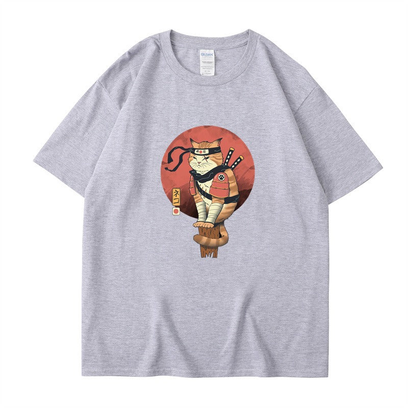 Cute Ninja Cat Print T-Shirt for Men and Women, Cool Summer Short Sleeved Round Neck T-Shirt