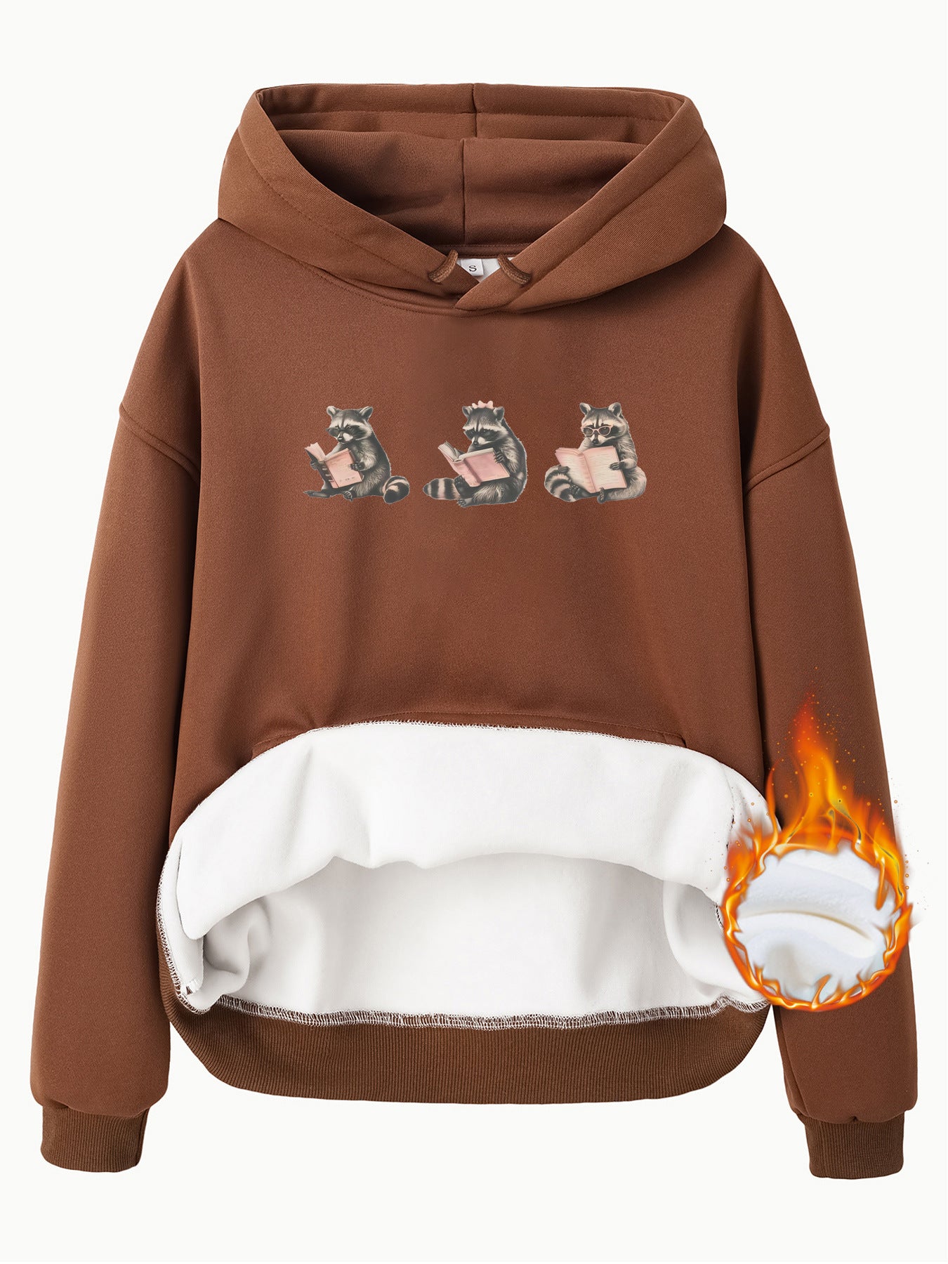 Hooded Long Sleeve Fleece Hoodie with Kangaroo Pocket and Raccoon Print