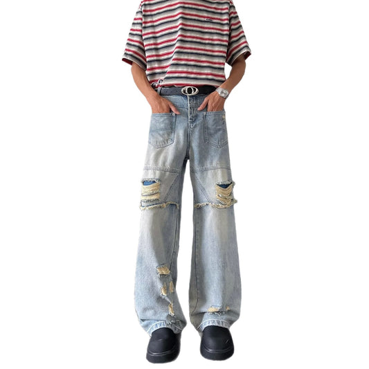 Washed Ripped Denim Wide Leg Pants