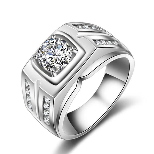 Men's Original Solid 925 Silver Engagement Ring with Cubic Zirconia