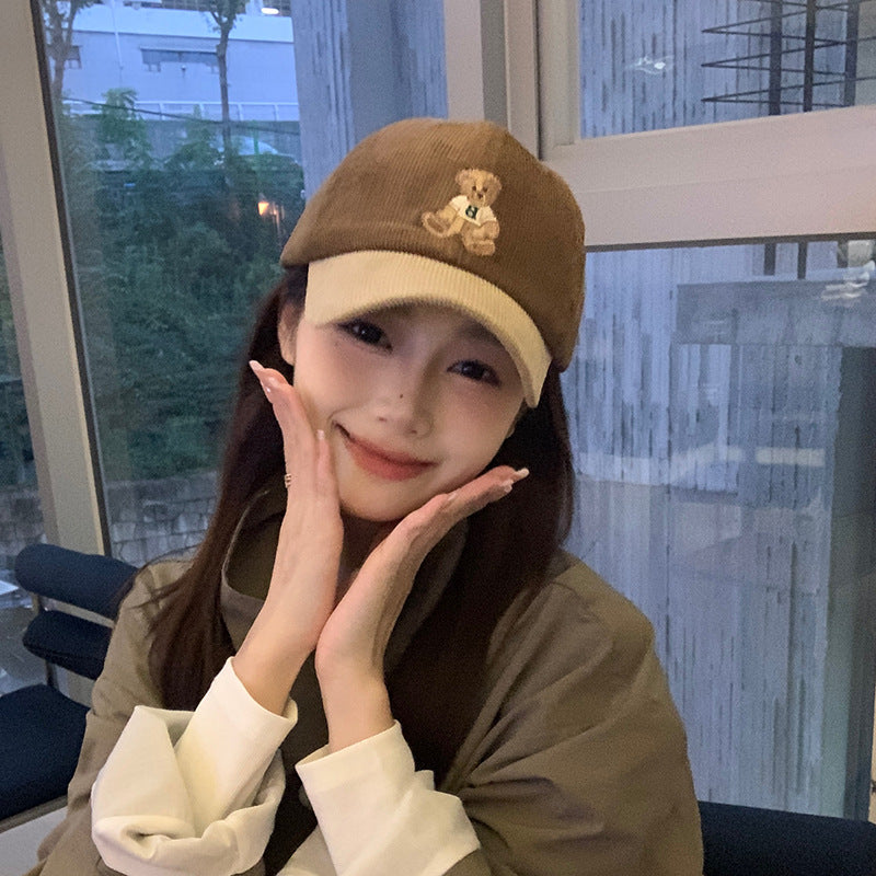 Cute Bear Embroidered Corduroy Baseball Hat for Women
