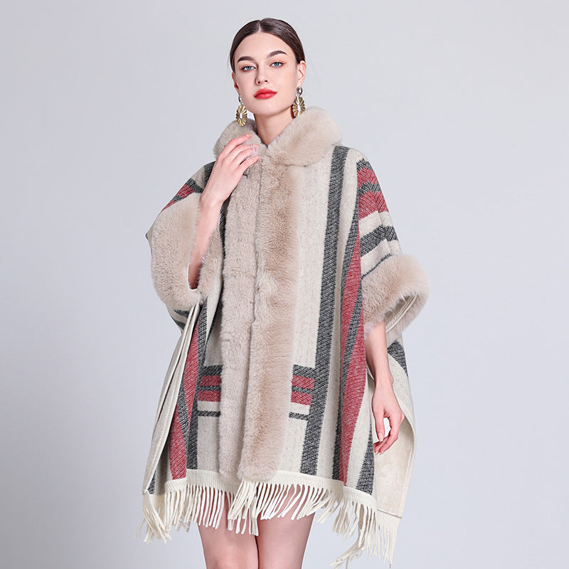 Poncho with Fleece Lining - Thick Knitted Hooded Shawl Featuring Fur Collar and Tassels