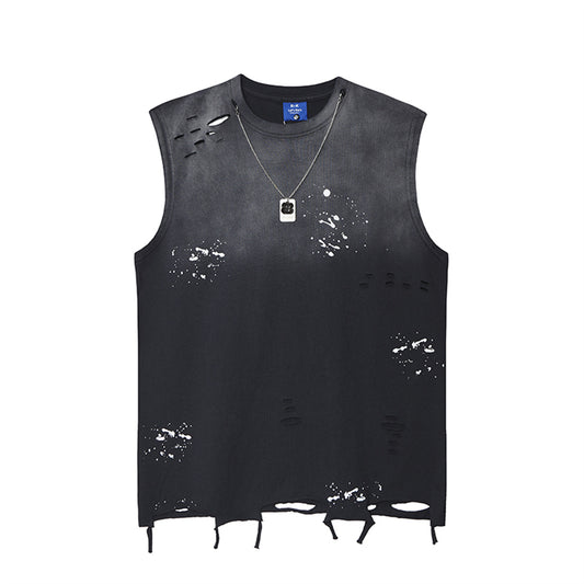 Style Printed Water-Washed Splatter Ink Sleeveless T-Shirt